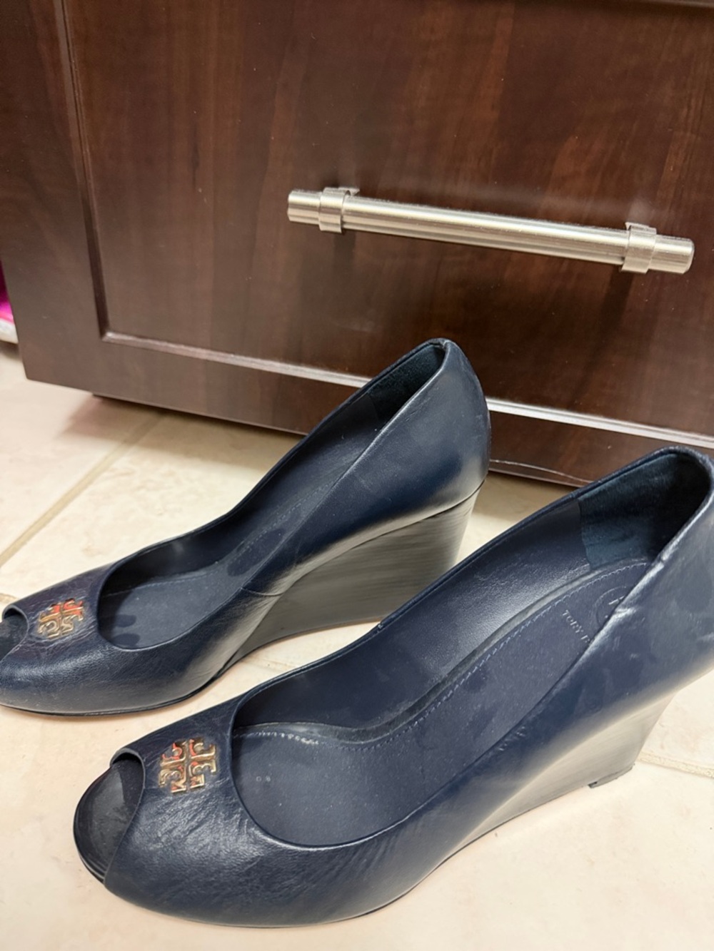 Tory Burch Navy Leather Peep-Toe Wedge with Gold Logo